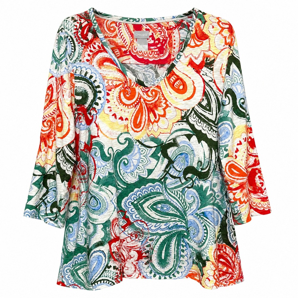 Chicos Size 3 Boho Coastal Boho Floral Top Womens XL Resortwear Casual Chic